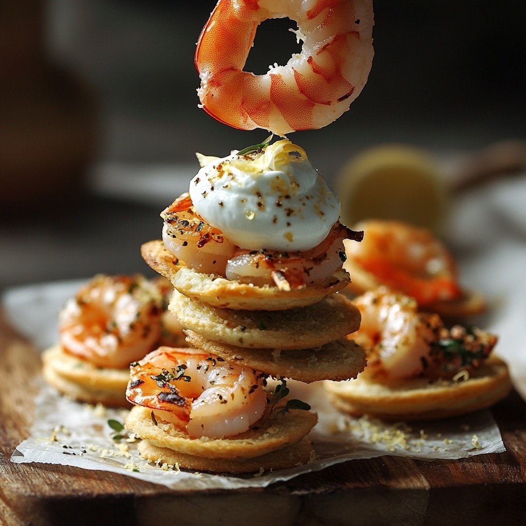 Canapes Fingerfood mit Garnelen und Zitronen-Joghurt