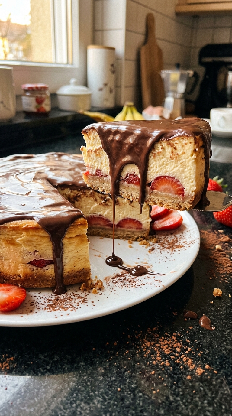 Schokoüberzogener Erdbeer Käsekuchen