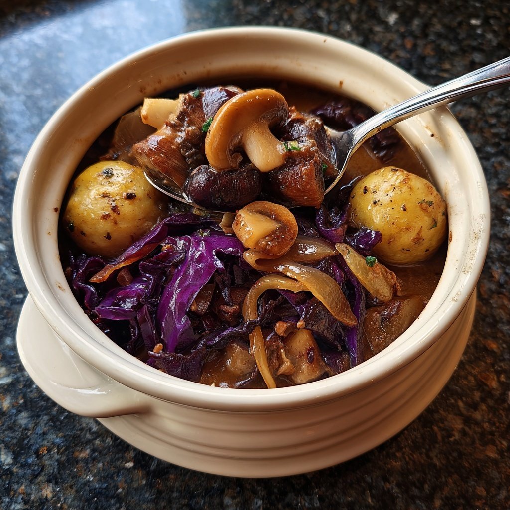 Pilz-Maronen Ragout mit Ofenknödeln und Rotkraut