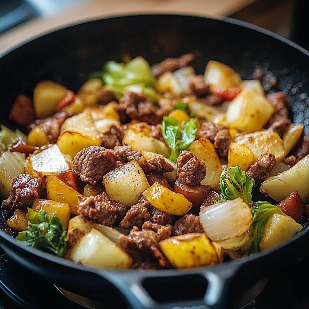 Herzhafte Spitzkohl-Kartoffel-Pfanne mit Hackfleisch