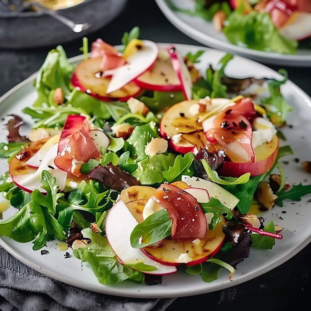 Mit Ziegenkäse gratinierter Apfel auf Salat