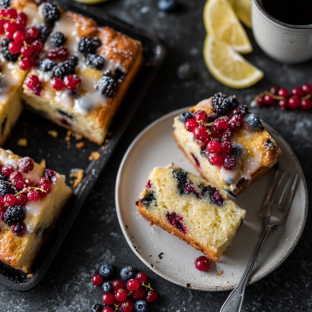 Zitronen-Butterkuchen mit Beeren